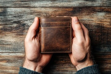 Holding Wallet. Man's Hands Holding Empty Billfold Wallet with Background of Leather Texture