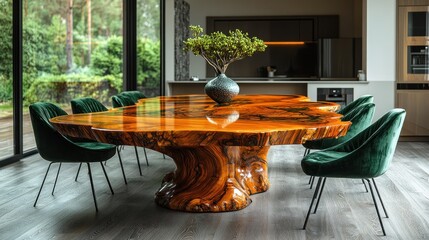 Poster - Elegant wooden dining table with green chairs in a modern setting.