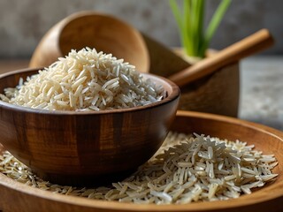 Wooden bowl filled with raw rice, with rice stalks in the background.