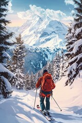 Climber walking on skis, ski climber in the mountains. Ski tourism in an alpine landscape with snow-covered trees.