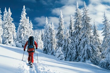 Climber walking on skis, ski climber in the mountains. Ski tourism in an alpine landscape with snow-covered trees.