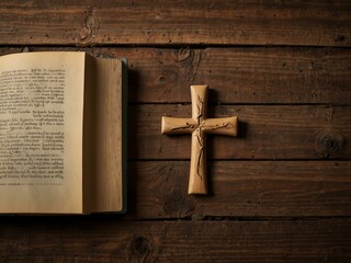 Wooden surface features a cross and a book symbolizing faith and spirituality.