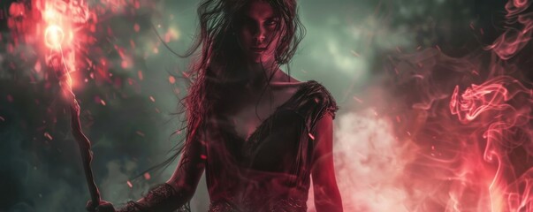 Evil enchantress with a staff glowing with dark energy, 4K hyperrealistic photo