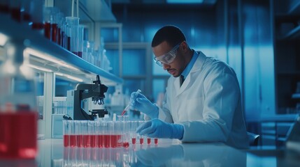 Poster - A skilled scientist in a lab coat diligently handles test tubes, employing protective gear while working with various samples at night. Generative AI