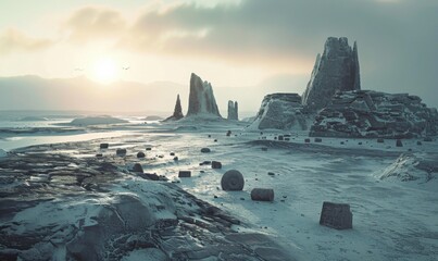 Poster - Exploration of ancient Inuit ruins buried in the Arctic permafrost, artifacts preserved in ice, revealing insights into indigenous Arctic cultures, 4K hyperrealistic photo