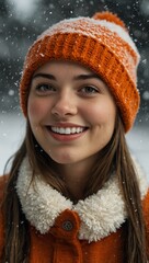 Wall Mural - Young woman in an orange beanie smiling in the snow