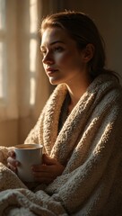 Wall Mural - Young woman sipping coffee in a sunlit bedroom, wrapped in a blanket.