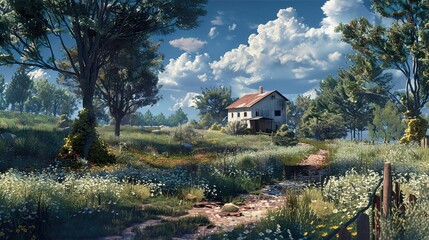 Canvas Print - Countryside Farmhouse with Blooming Meadow and Stream