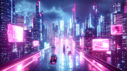 Futuristic cyberpunk city at night illuminated by neon lights and buzzing with flying cars on a slick, reflective highway