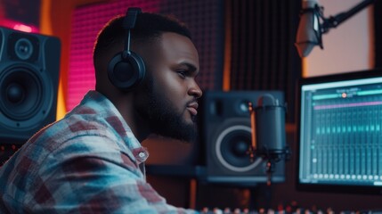 Leinwandbilder - The podcaster shares insightful thoughts while seated in a contemporary recording studio surrounded by advanced audio equipment. Generative AI