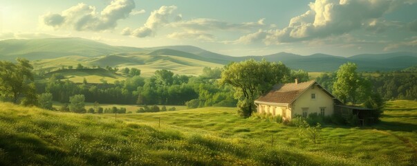 Canvas Print - Secluded country dwelling surrounded by hills and tranquil countryside, 4K hyperrealistic photo