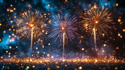 Festive fireworks display with sparkling golden and blue bokeh lights.