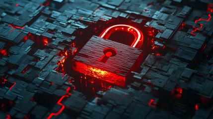 Wall Mural - hacker attack. security breach, system hacked, internet cyber attack alert with red broken padlock, 