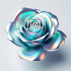 Wall Mural - glowing metallic iridescent light blue rose on a white background