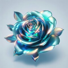 Wall Mural - glowing metallic iridescent light blue rose on a white background