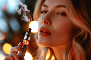 close-up shot of a woman holding an electronic cigarette in her hand, symbolizing the transition from traditional smoking to electronic alternatives.