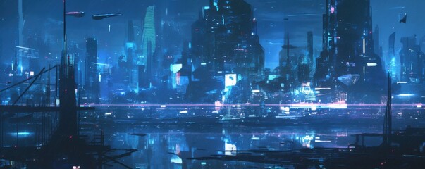 Poster - Cyberpunk city skyline with digital rain and neon reflections, 4K hyperrealistic photo