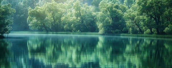 Canvas Print - Lake with a smooth surface reflecting the trees, 4K hyperrealistic photo,