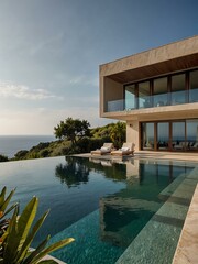 Wall Mural - Villa with infinity pool blending into the horizon, showcasing tranquility and coastal luxury.