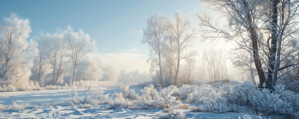 Sticker - Winter forest with frost-covered trees and a clear sky, 4K hyperrealistic photo,