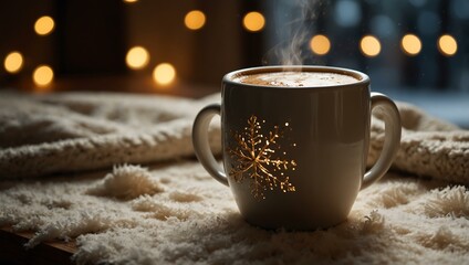 Wall Mural - Warm coffee moment in winter, adorned with festive decor and cozy holiday lights.