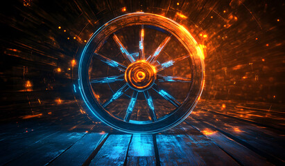 3D render of an old design, wooden cartwheel evolving into a high-tech design,  illuminated digital wheel, showcasing the concept Reinvent the Wheel as progress from old to new design