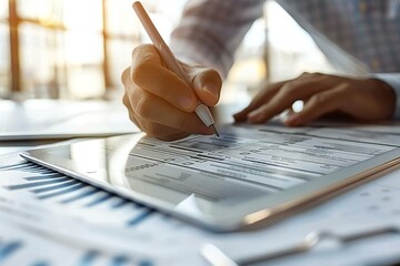 Fototapete - close-up shot of a businessperson's hand filling out a checklist form on a digital tablet.