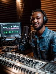 Leinwandbilder - The podcaster is focused and speaking into a microphone, surrounded by audio equipment and sound panels in the studio. Generative AI