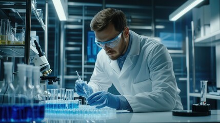 Aufkleber - A scientist in a laboratory meticulously handles test tubes and samples while wearing a lab coat, goggles, and gloves for safety. Generative AI