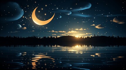 Wall Mural - Silhouetted Trees Reflected in Still Waters Beneath a Starry Night Sky with a Crescent Moon
