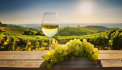 Refreshing Glass of White Wine Amidst Lush Vineyard Grapes on a Sunny Afternoon