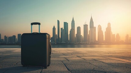 Simple Suitcase Icon Set Against a Minimalist Cityscape for Travel Concept