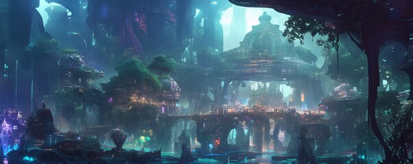 Wall Mural - a submerged cyberpunk metropolis beneath the flowing currents of a massive underground river, illumi