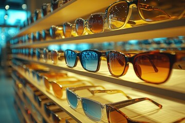 Rows of sunglasses resting on a store shelf display