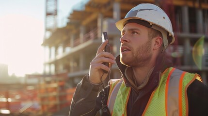 A construction worker in a hard hat and reflective vest, speaking into a walkie-talkie while overseeing the work on sit