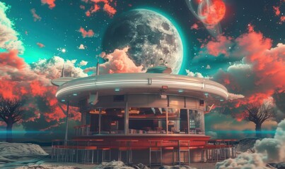 Wall Mural - retro-futuristic space diner under alien skies, 4k hyperrealistic photo
