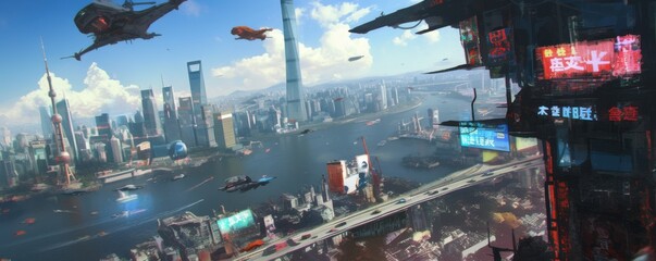 Wall Mural - cyberpunk city skyline with digital billboards and hovercrafts zooming above, 4k hyperrealistic phot