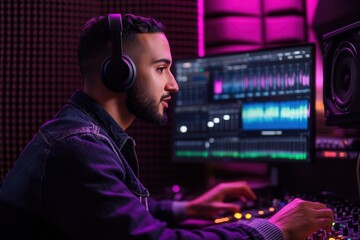 Leinwandbilder - A podcaster is actively engaged in recording, utilizing equipment and adjusting settings in a contemporary studio setup. Generative AI