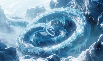 Sticker - Mythic ice serpent coiled around ancient ice formations, 4K hyperrealistic photo