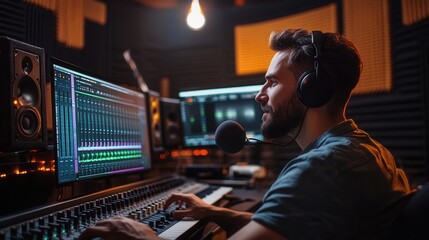 Leinwandbilder - The podcaster focuses intently on the controls, delivering captivating audio content in a sleek, well-equipped studio. Generative AI