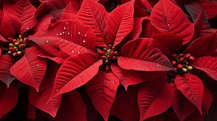 Canvas Print - A Symphony of Crimson Delicate Water Droplets Adorn the Lush Velvet of the Poinsettia Blooms