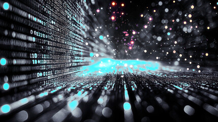 Binary code stream flowing through cyberspace with bokeh effect