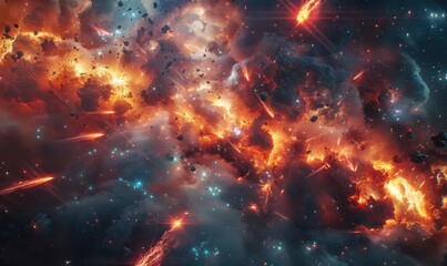 Celestial battle scene with glowing plasma bursts and pulsating star clusters, 4K hyperrealistic photo