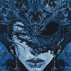 Sticker - A blue and black digital illustration of a woman's face wearing a mask with intricate details.