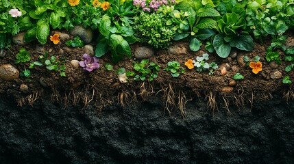 Wall Mural - World Soil Day healthy, rich soil composition with various plants and roots, highlighting the importance of soil health