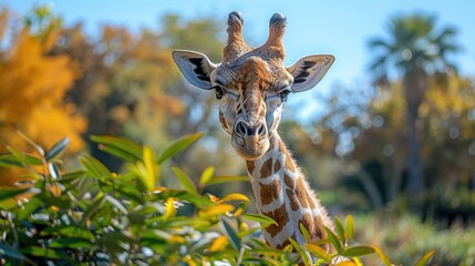 Wall Mural - Curious Giraffe Peeking Through Leaves