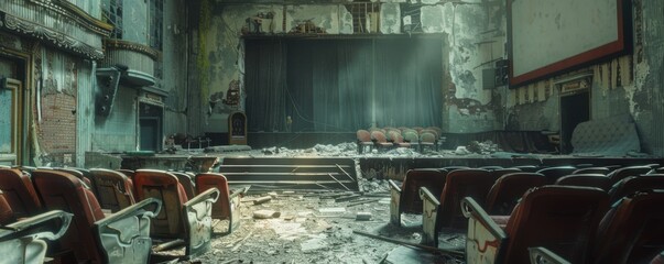 Sticker - Crumbling theater with dusty stage and tattered seats, 4K hyperrealistic photo,