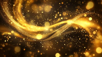 Wall Mural - Elegant golden waves with sparkling glitter against a dark background, creating a mesmerizing visual experience.