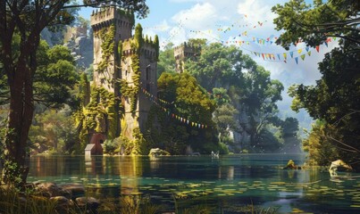 Poster - Serene medieval stronghold nestled in a forest clearing, ivy-covered walls with narrow arrow slits, a peaceful lake reflecting the castle's grandeur