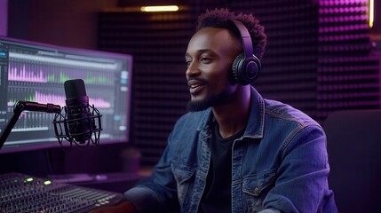 Aufkleber - The podcaster engages with listeners while adjusting his microphone in a vibrant studio, surrounded by sound equipment. Generative AI